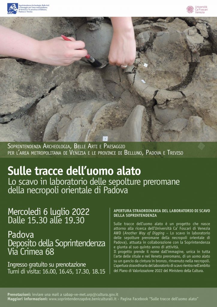 “Sulle tracce dell’uomo alato”: apertura straordinaria del laboratorio di scavo della Soprintendenza per scoprire le sepolture preromane della necropoli orientale di Padova