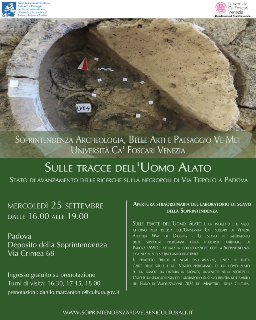 “Sulle tracce dell’uomo alato”: apertura straordinaria del laboratorio di scavo della Soprintendenza per scoprire le sepolture preromane della necropoli orientale di Padova