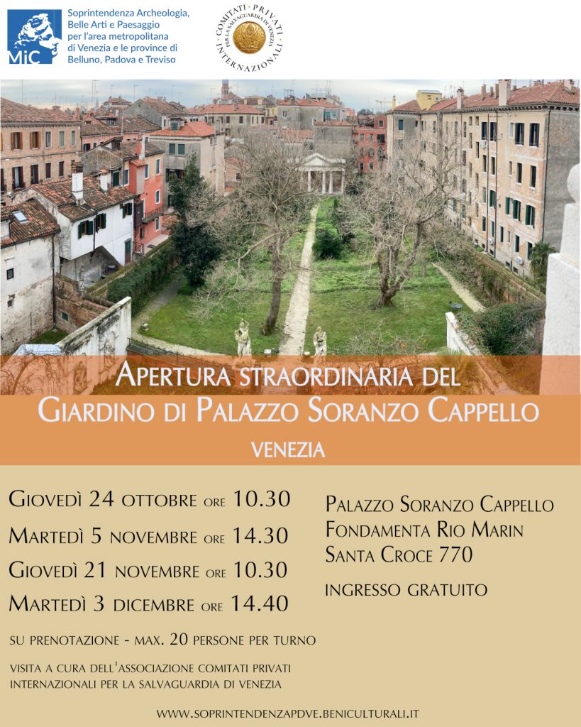 Aperture straordinarie e visite guidate al giardino di Palazzo Soranzo Cappello a Venezia nei mesi di  novembre e dicembre.